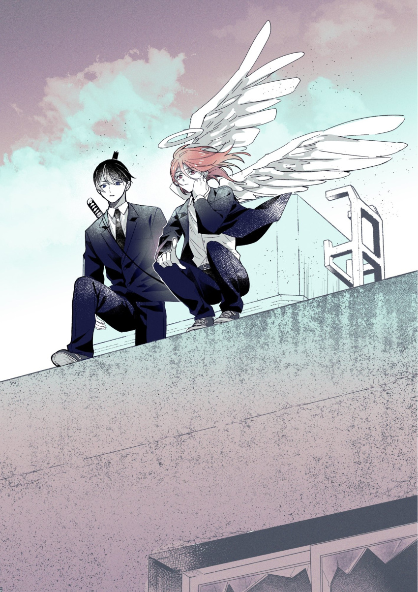 2boys, androgynous, angel_devil_(chainsaw_man), angel_wings, arm_up, black_hair, black_necktie, black_suit