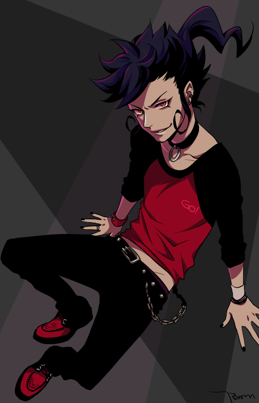 bad_id, black_hair, bracelet, collar, earrings, inazuma_eleven, inazuma_eleven_(series), inazuma_eleven_go, jewelry, long_hair, male, nail_polish, ponytail, red_eyes, ring, smirk, solo, temari114, tsurugi_kyousuke
