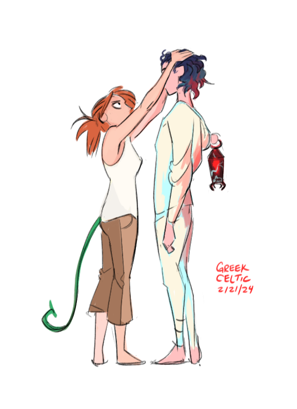 1boy, 1girl, barefoot, black_hair, breasts, brown_pants, dated, greekceltic