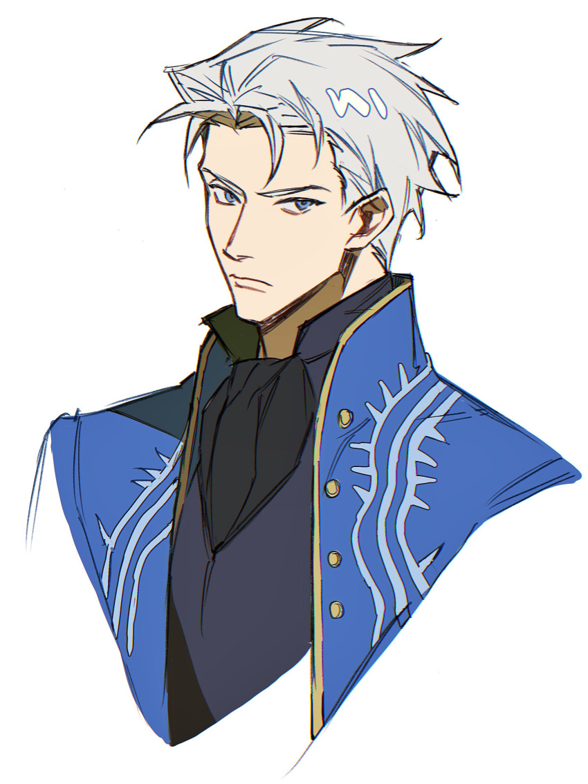 1boy, absurdres, ascot, black_ascot, black_shirt, blue_coat, blue_eyes, closed_mouth, coat, collared_coat, collared_shirt, commentary, cropped_torso, devil_may_cry_(series), devil_may_cry_3, frown, highres, kkim52, looking_to_the_side, male_focus, popped_collar, shirt, short_hair, sideways_glance, solo, vergil_(devil_may_cry), white_hair
