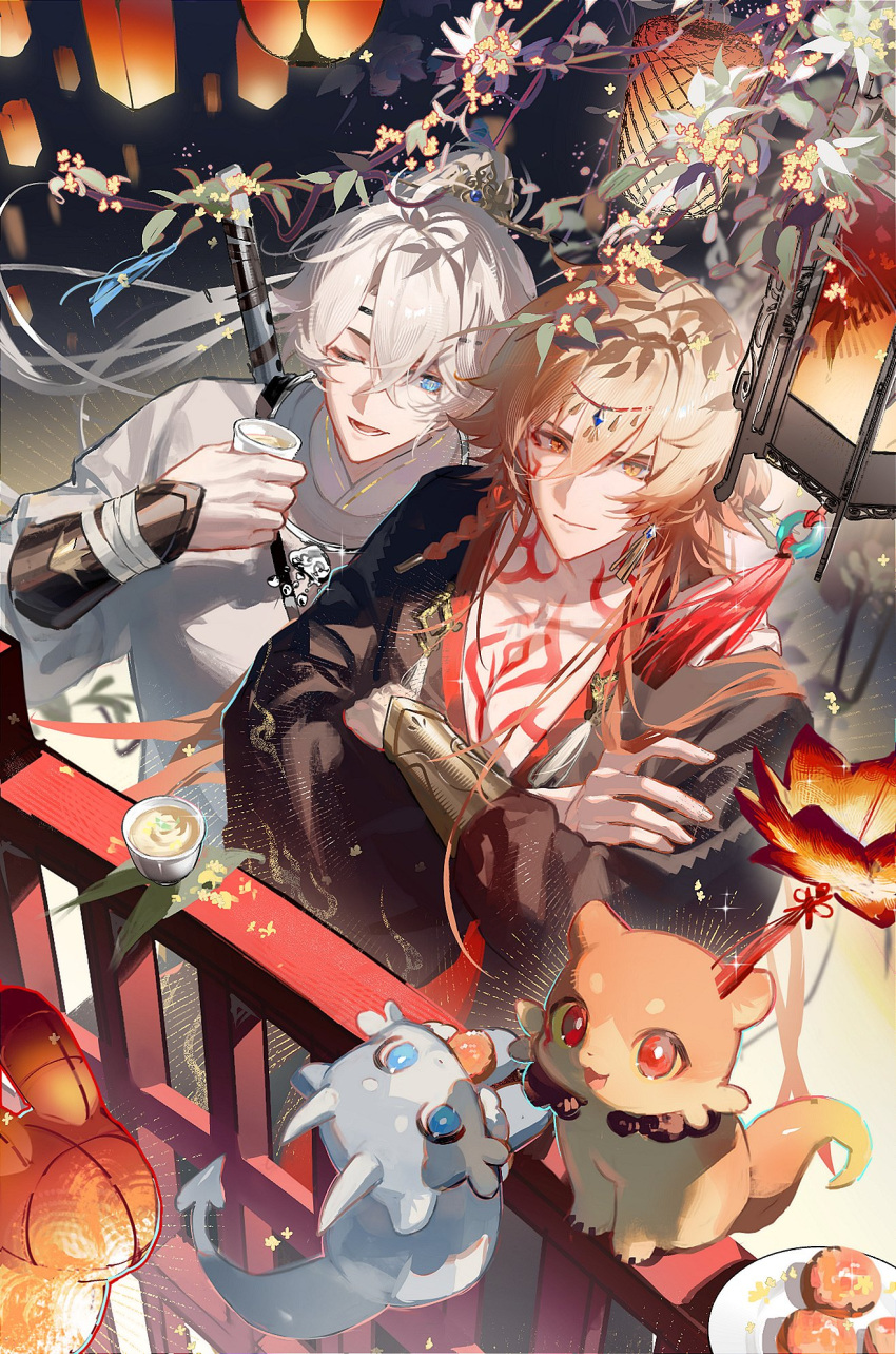 2boys, antenna_hair, black_coat, blonde_hair, blue_eyes, braid, chest_tattoo, chimera_(honkai:_star_rail)