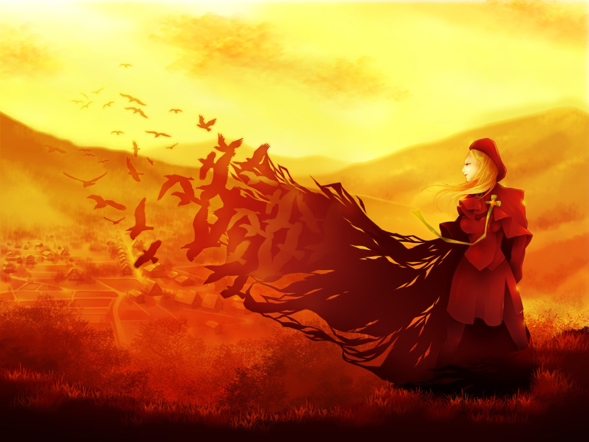 bird, blonde_hair, copyright_request, dress, hat, highres, landscape, long_hair