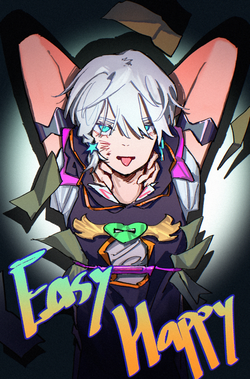 1boy, aqua_eyes, armband, arms_behind_head, arms_up, black_armband, black_overalls, braid