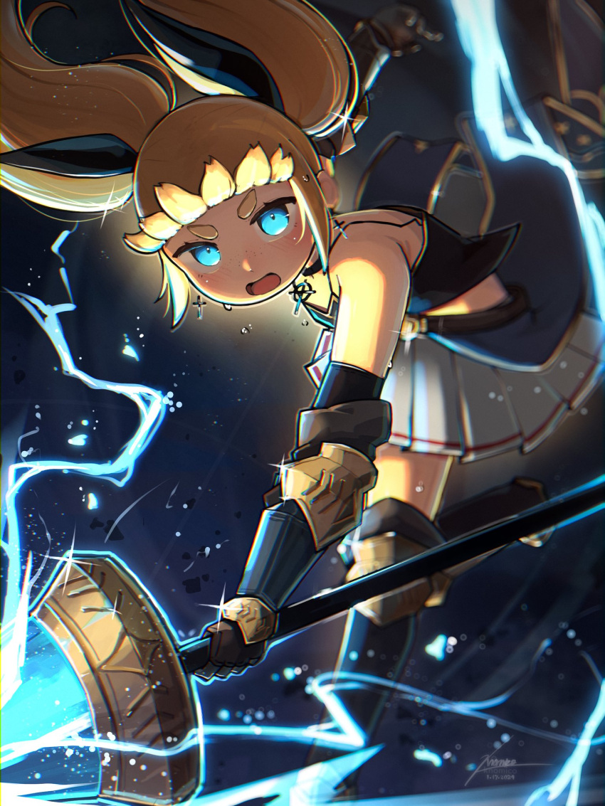 1girl, alterkyon, armor, blonde_hair, blue_eyes, borrowed_character, cressey_(porforever), cross