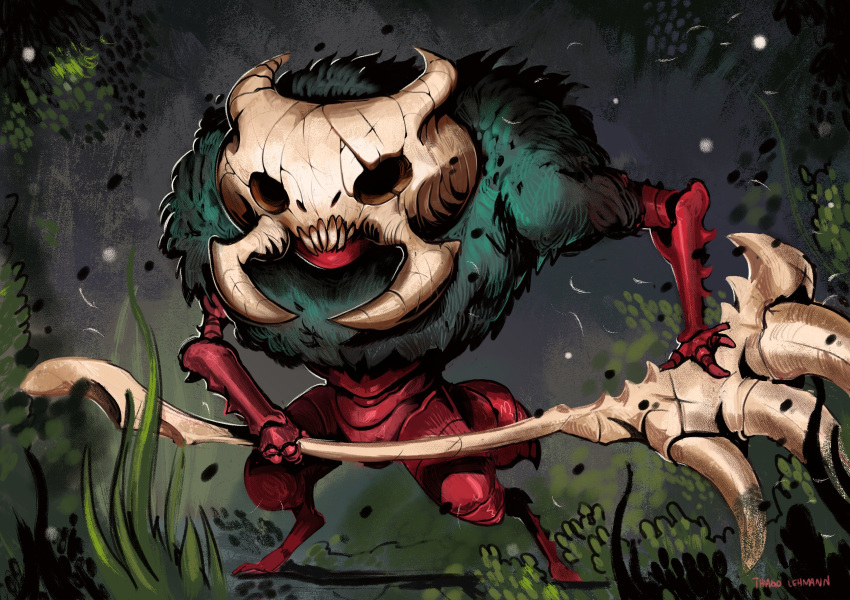 ant_boy, artist_name, bone_weapon, colored_skin, crack, full_body, grass, highres