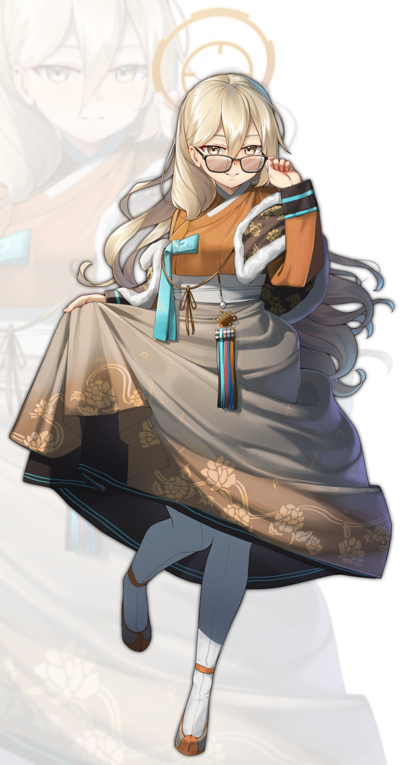 absurdres, adjusting_eyewear, akane_(blue_archive), alternate_costume, black-framed_eyewear, blonde_hair, blue_archive, brown_cape