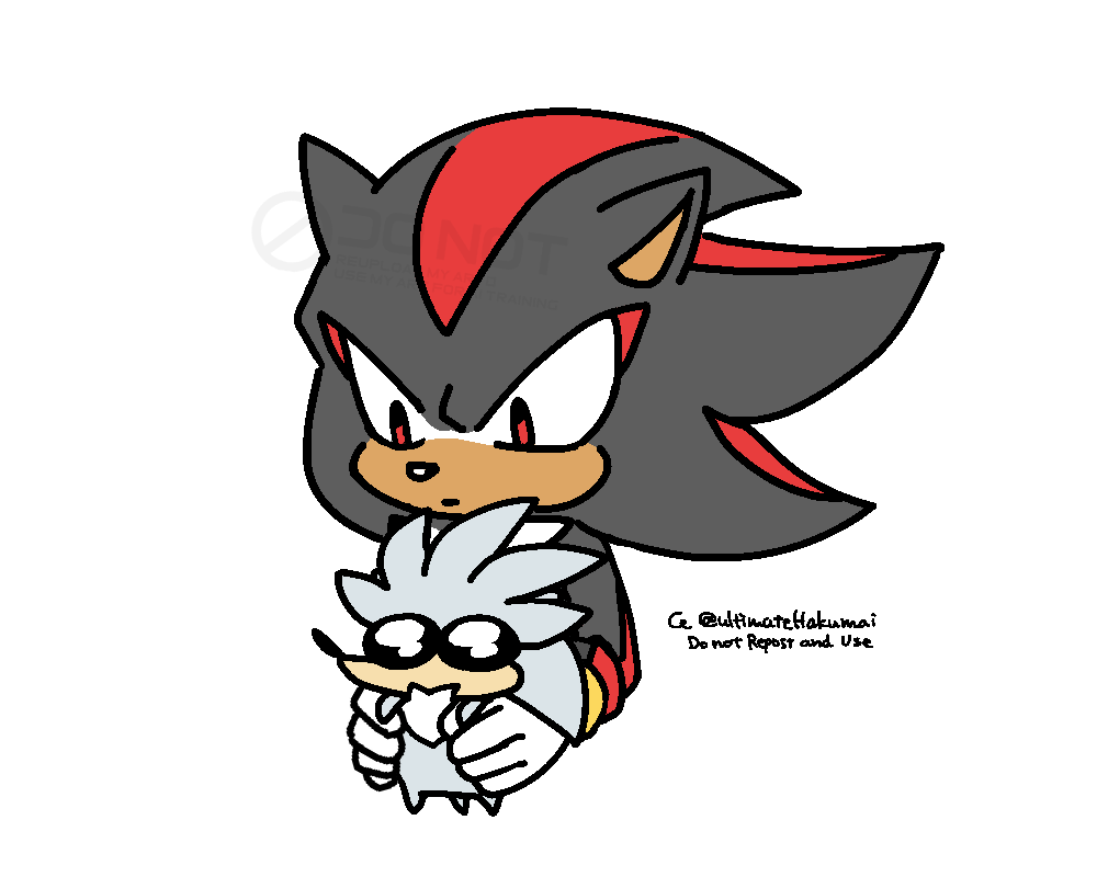1boy, 3582y, animal, animal_ears, animal_nose, animalization, black_fur, bracelet, chibi, commentary_request, cropped_torso, furry, furry_male, gloves, gold_bracelet, hedgehog, holding, holding_animal, holding_chibi, jewelry, male_focus, multiple_boys, pleading_eyes, red_eyes, shadow_the_hedgehog, silver_the_hedgehog, simple_background, sonic_(series), watermark, white_background, white_fur, white_gloves