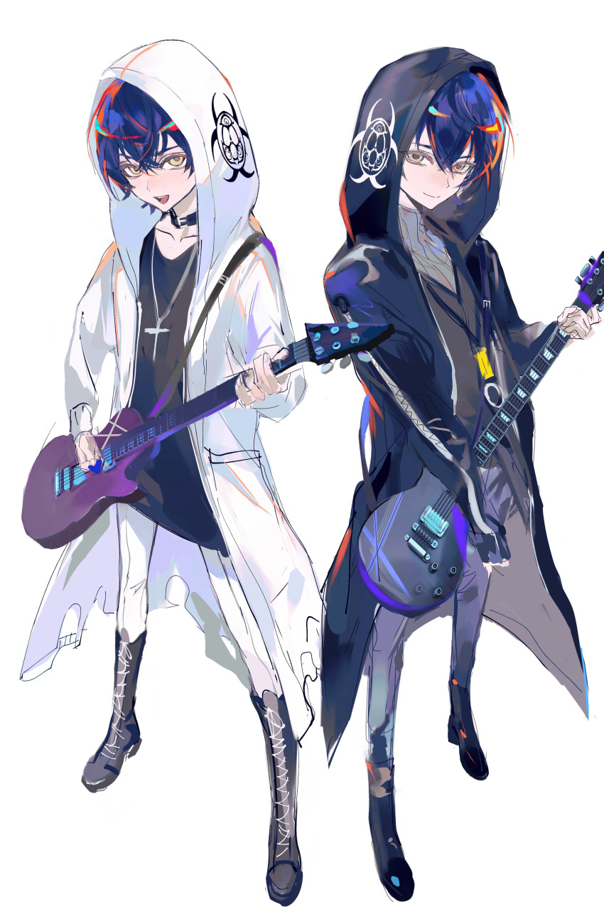 2girls, :d, absurdres, binxngchng1, biohazard_symbol, black_boots, black_coat, black_collar, black_hair, black_pants, black_shirt, boots, chinese_commentary, coat, collar, commentary_request, cross, cross_necklace, dual_persona, full_body, grey_sweater, guitar, hair_between_eyes, highres, holding, holding_guitar, holding_instrument, instrument, invisible_floor, jewelry, looking_at_viewer, multiple_girls, necklace, open_clothes, open_coat, open_mouth, pants, rei_shimobe, reverse_trap, shirt, short_hair, shuten_order, simple_background, sketch, smile, standing, sweater, white_background, white_coat, white_pants, yellow_eyes