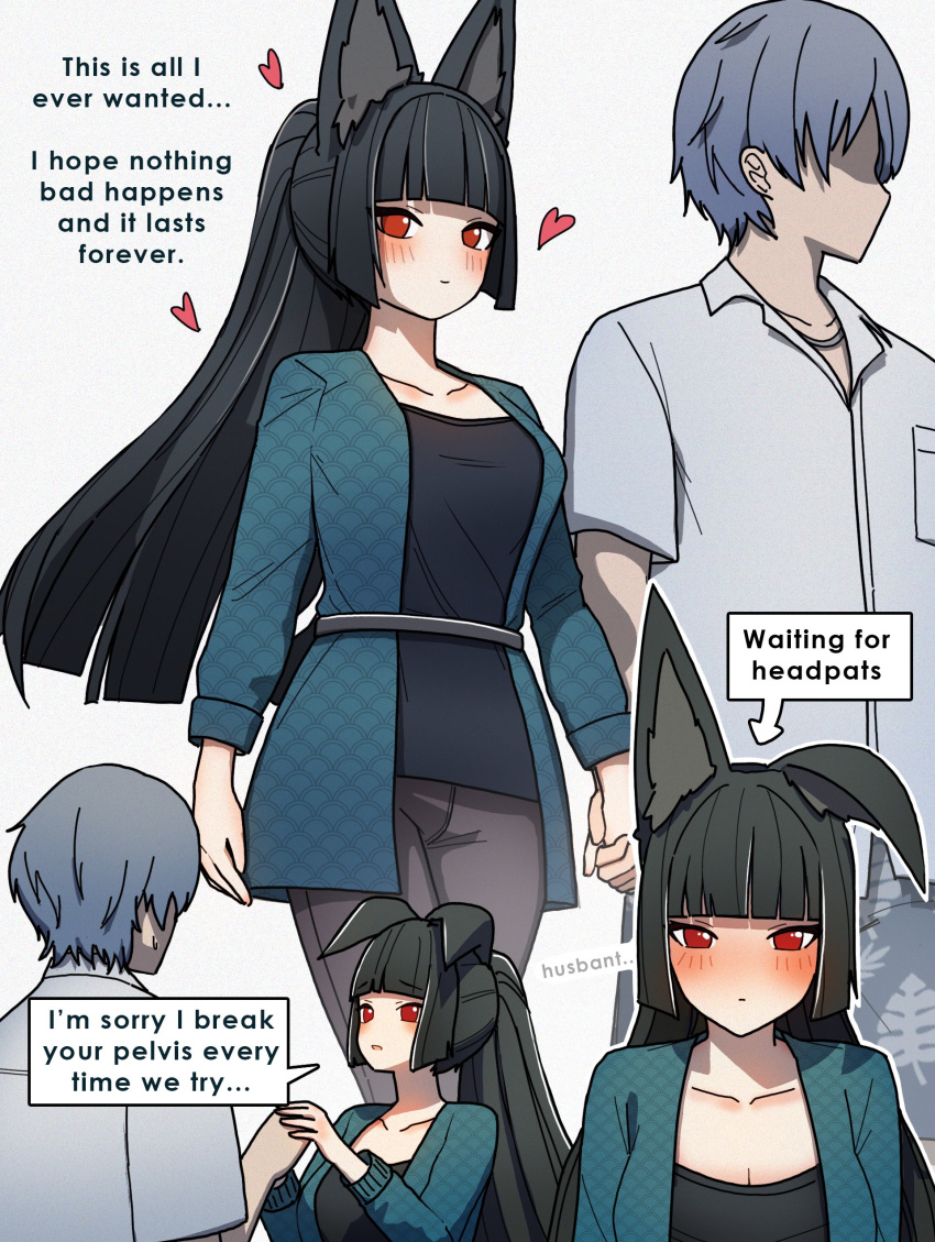 1boy, 1girl, absurdres, black_hair, blush, breasts, dorahdew, english_text