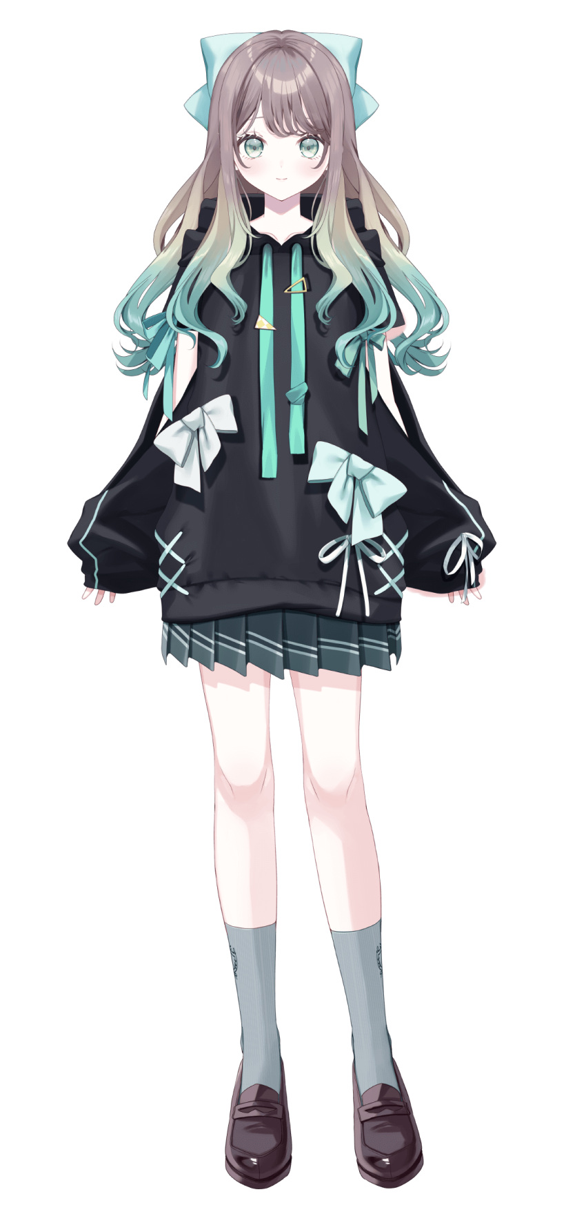 1girl, absurdres, black_shirt, black_shoes, black_skirt, brown_hair, clothing_cutout, full_body
