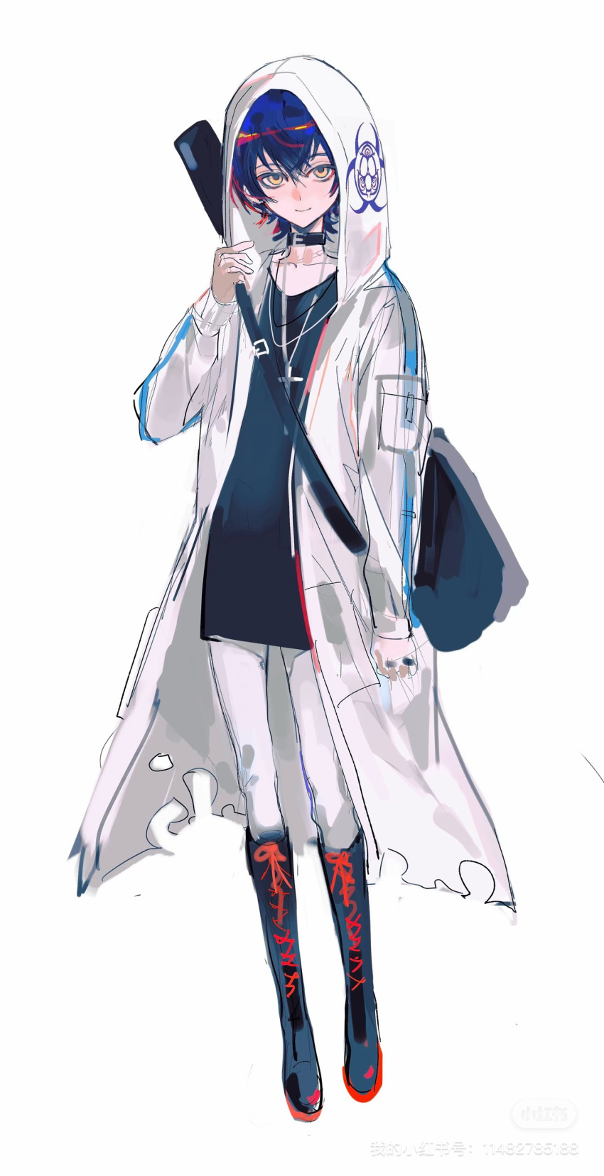 1girl, absurdres, binxngchng1, biohazard_symbol, black_boots, black_collar, black_hair, black_shirt, boots, chinese_commentary, coat, collar, commentary_request, cross, cross_necklace, full_body, guitar_case, hair_between_eyes, hand_up, highres, instrument_case, jewelry, long_sleeves, looking_at_viewer, necklace, open_clothes, open_coat, pants, rei_shimobe, shirt, short_hair, shuten_order, simple_background, sketch, solo, white_background, white_coat, white_pants, yellow_eyes