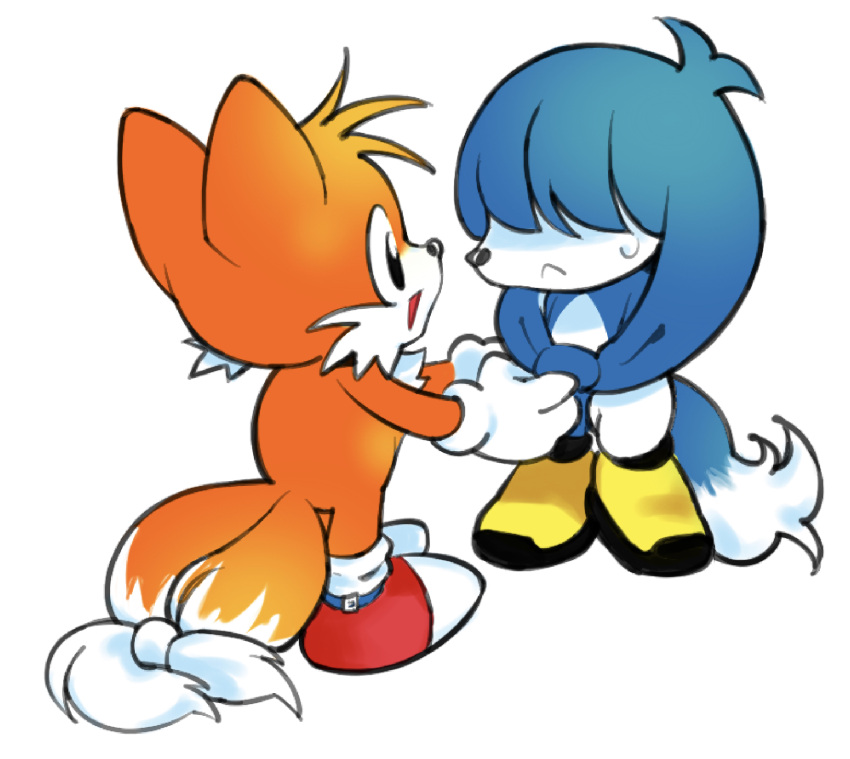 2boys, animal_ears, black_eyes, blue_fur, boots, child, classic_tails, commentary