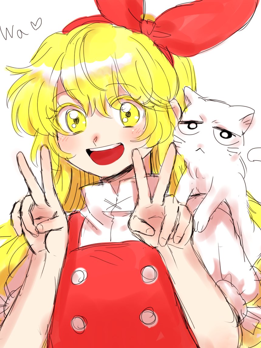 1boy, 1girl, :d, animal_on_shoulder, blonde_hair, buttons, cat, cat_on_shoulder