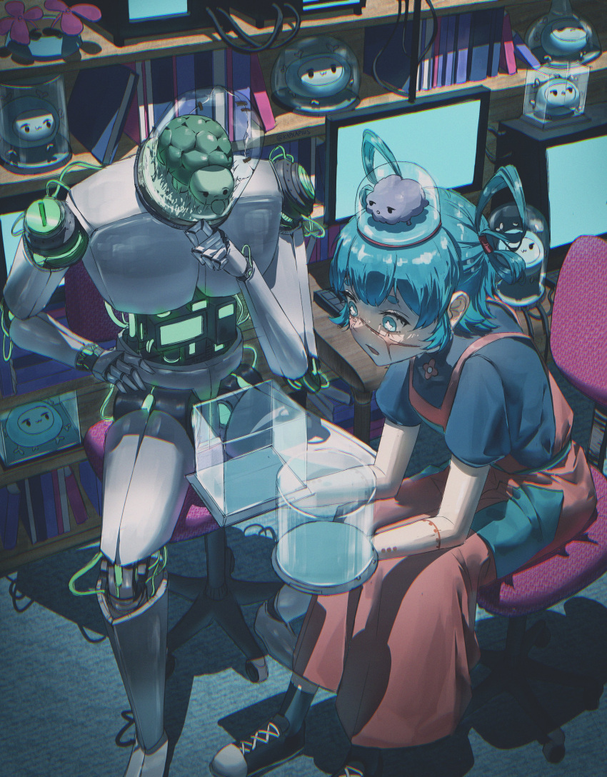 +_+, 1girl, :3, absurdres, aqua_eyes, aqua_hair, beaker, black_shoes, blue_shirt, book, brain, bright_pupils, cable, chair, closed_mouth, commentary, computer, desk, dress, english_commentary, exposed_brain, eyelashes, flower, glass_dome, highres, holding, indie_virtual_youtuber, indoors, kapxapius, monitor, office_chair, open_mouth, red_dress, robot, scar, scar_on_face, shadow, shelf, shirt, shoes, shoomimi, shoominion_(shoomimi), short_sleeves, sitting, swivel_chair, turtle, vedal987, vedal_ai, virtual_youtuber, white_pupils