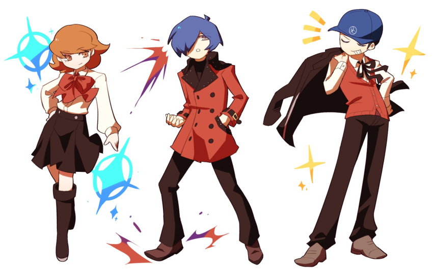 1girl, 2boys, aragaki_shinjirou, aragaki_shinjirou_(cosplay), baseball_cap, black_boots, black_jacket, black_pants