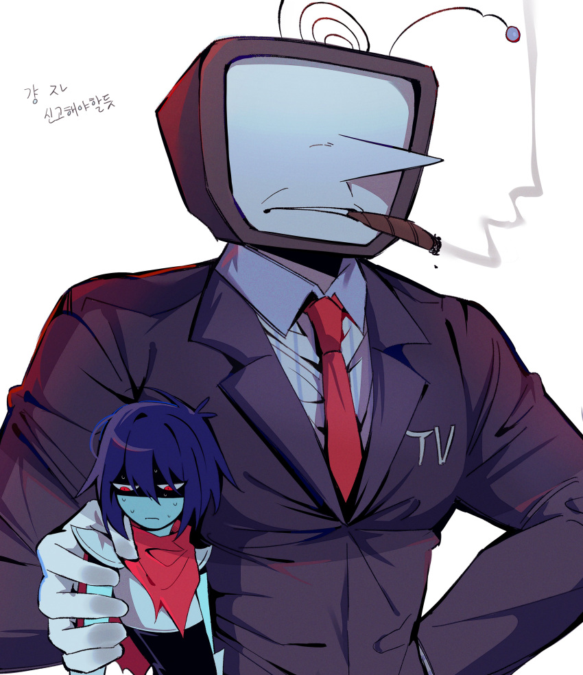 1boy, 1other, absurdres, ant_tenna, armor, black_jacket, blue_hair, cigar