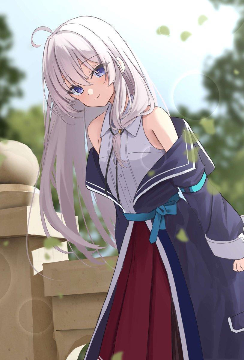 1girl, ahoge, bare_shoulders, black_robe, blue_eyes, blue_sash, day, elaina_(majo_no_tabitabi)