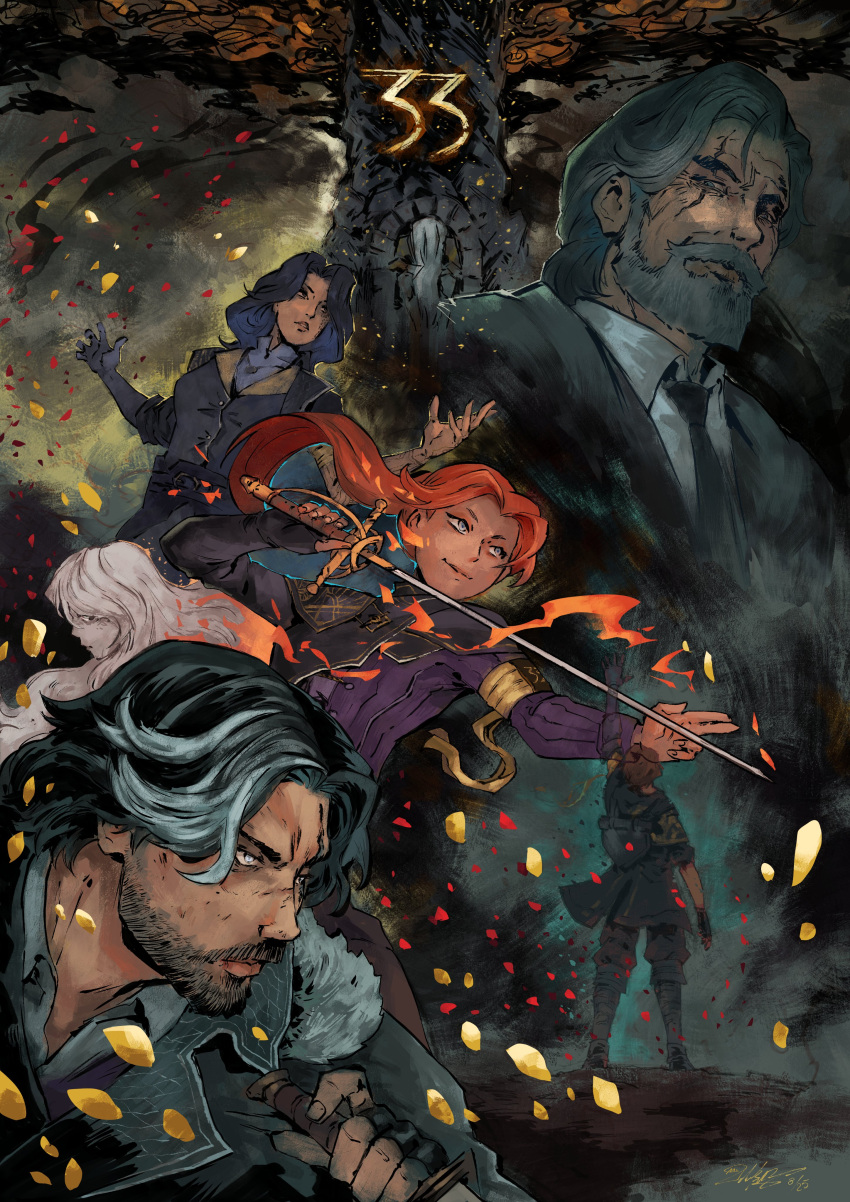 3boys, 3girls, absurdres, alicia_(clair_obscur:_expedition_33), arm_up, armband, asian, beard