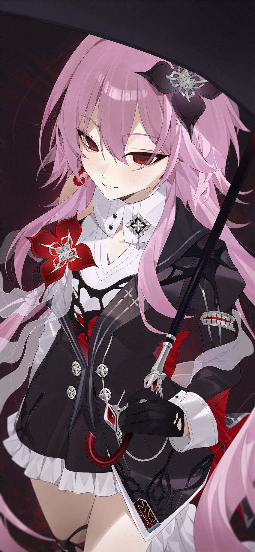 1girl, absurdres, black_dress, black_gloves, cowboy_shot, dress, evernight_(honkai:_star_rail), gloves