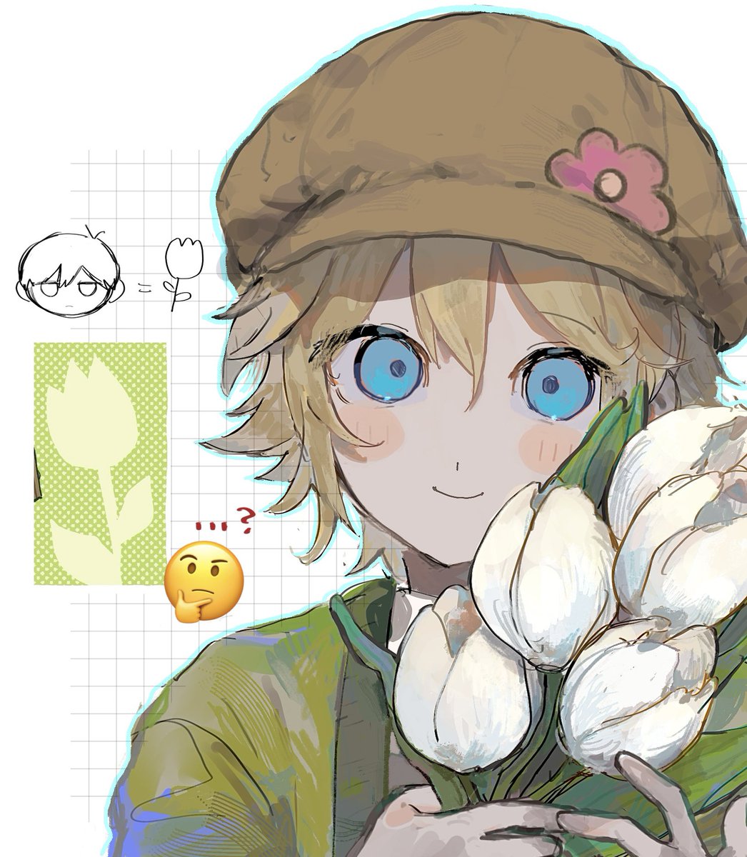 ...?, 1boy, basil_(birthday)_(omori), basil_(faraway)_(omori), basil_(omori), blonde_hair, blue_eyes, blush
