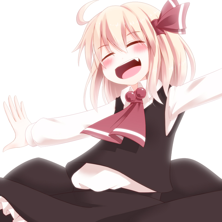 ahoge, ascot, black_dress, blonde_hair, blush, closed_eyes, dress, eyes_closed