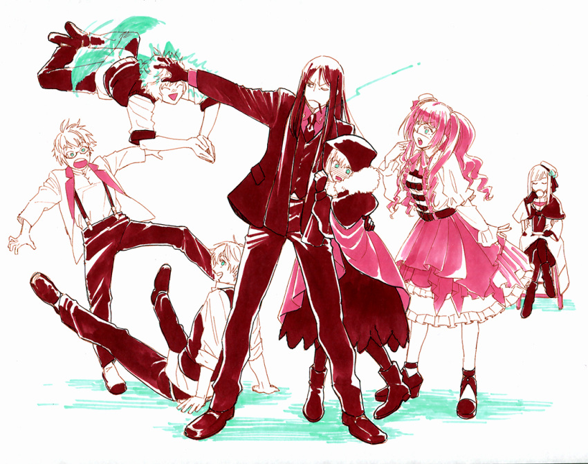 3girls, 4boys, blush, caules_forvedge_yggdmillennia, cigarette, cloak, coat, cup