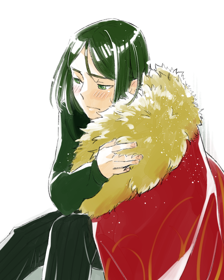 1boy, blush, bob_cut, cape, fate/zero, fate_(series), fur_cape, fur_trim, green_eyes, green_hair, kawabata_arata, male_focus, parted_bangs, sad, sitting, solo, waver_velvet