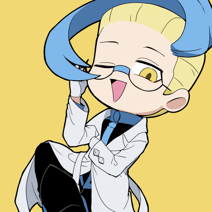1boy, adjusting_eyewear, arm_up, black_pants, blonde_hair, blue_hair, coat, colress_(pokemon)