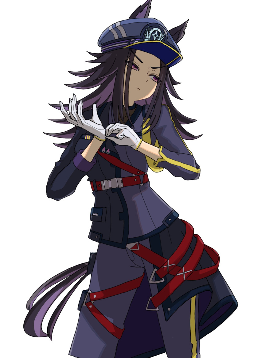 1girl, animal_ears, atyattyan, black_hair, black_jacket, closed_mouth, ears_through_headwear, fenomeno_(black_flames_of_the_righteous_spirit)_(umamusume), fenomeno_(umamusume), flipped_hair, gloves, hat, highres, horse_ears, horse_girl, horse_tail, horseshoe_hat_ornament, horseshoe_ornament, jacket, long_hair, long_sleeves, multicolored_hair, pants, peaked_cap, purple_hair, shirt, simple_background, solo, striped_hat, tail, umamusume, violet_eyes, white_background, white_gloves
