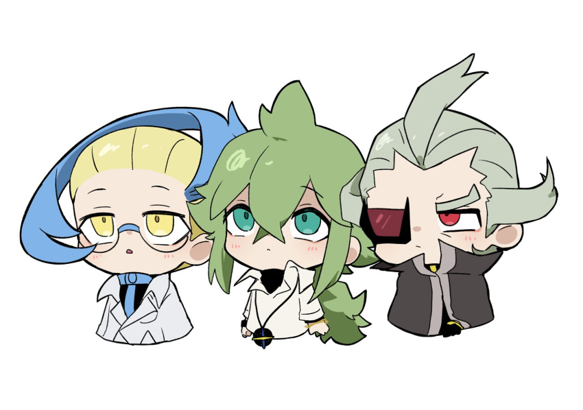 :/, black_cape, black_shirt, blonde_hair, blue_hair, cape, coat, collared_shirt