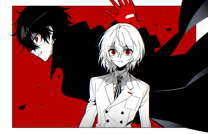 2boys, akechi_gorou, amamiya_ren, arms_at_sides, black_coat, black_hair, border, buttons, coat, commentary_request, cowboy_shot, double-breasted, gloves, grin, gulraw, hair_between_eyes, high_collar, highres, jacket, joker_(persona_5), korean_commentary, lapels, looking_ahead, looking_at_another, male_focus, multiple_boys, necktie, no_mask, open_hand, outside_border, parted_lips, partially_colored, persona, persona_5, red_background, red_eyes, red_gloves, smile, striped_clothes, upper_body, vertical-striped_clothes, vertical-striped_necktie, white_border