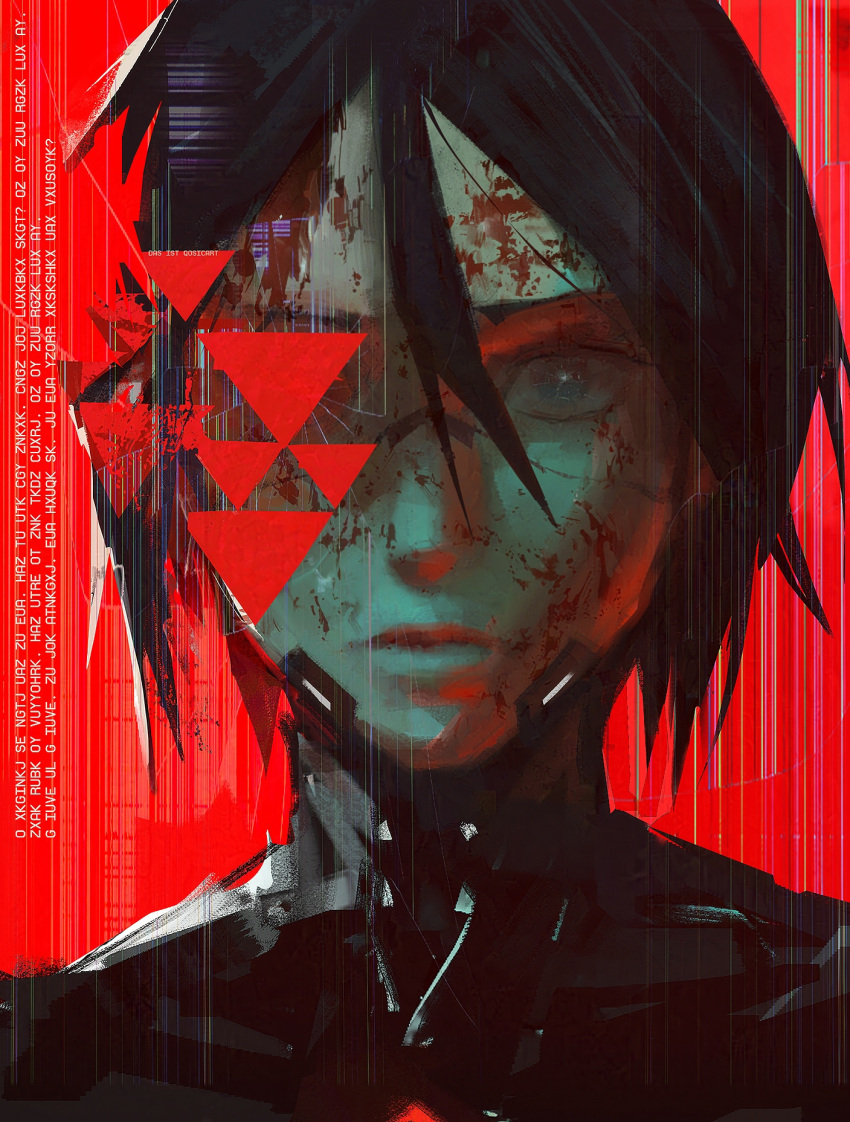 1girl, android, black_hair, broken_screen, corneal_scar, elster_(signalis), highres, joints