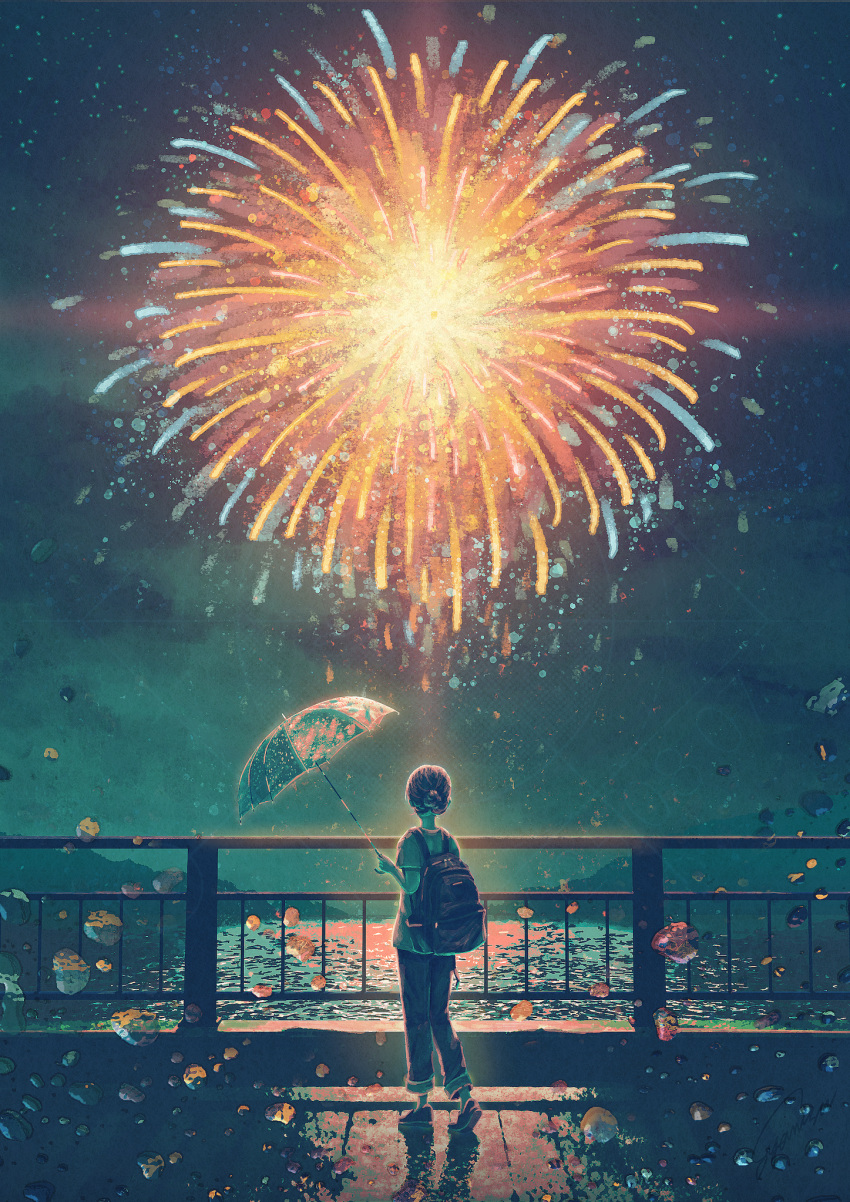 1girl, aerial_fireworks, backpack, bag, black_hair, bridge, commentary_request, denim