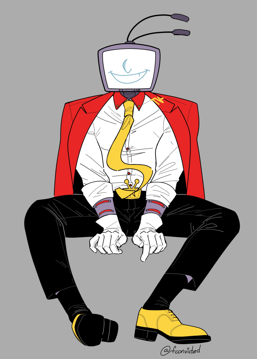 1boy, absurdres, ant_tenna, belt_buckle, black_pants, buckle, clothed_robot, collared_shirt, commentary, crt, deltarune, english_commentary, fconvicted, full_body, gloves, grey_background, highres, humanoid_robot, jacket, jacket_on_shoulders, male_focus, object_head, pants, robot, shirt, shoes, simple_background, sitting, smile, solo, straight-on, twitter_username, utdr_(toby_fox), white_gloves, white_shirt, yellow_shoes