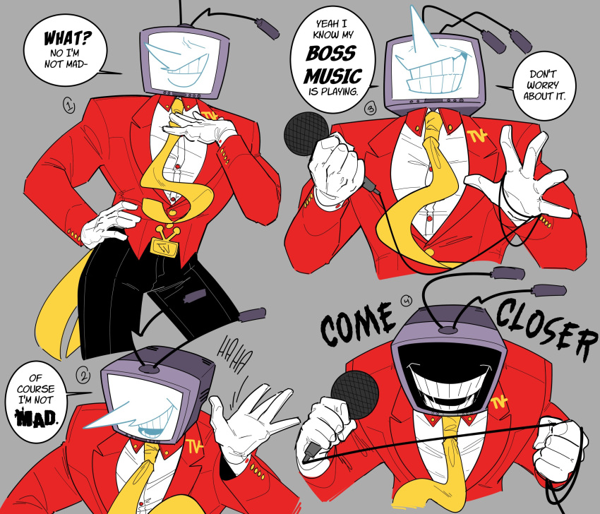 1boy, ant_tenna, belt_buckle, black_pants, buckle, collared_shirt, commentary, crt, deltarune, english_commentary, english_text, fconvicted, gloves, hand_on_own_hip, highres, holding, holding_microphone, long_nose, male_focus, microphone, multiple_views, necktie, object_head, pants, pointy_nose, shirt, smile, speech_bubble, tailcoat, teeth, utdr_(toby_fox), white_gloves, white_shirt, yellow_necktie