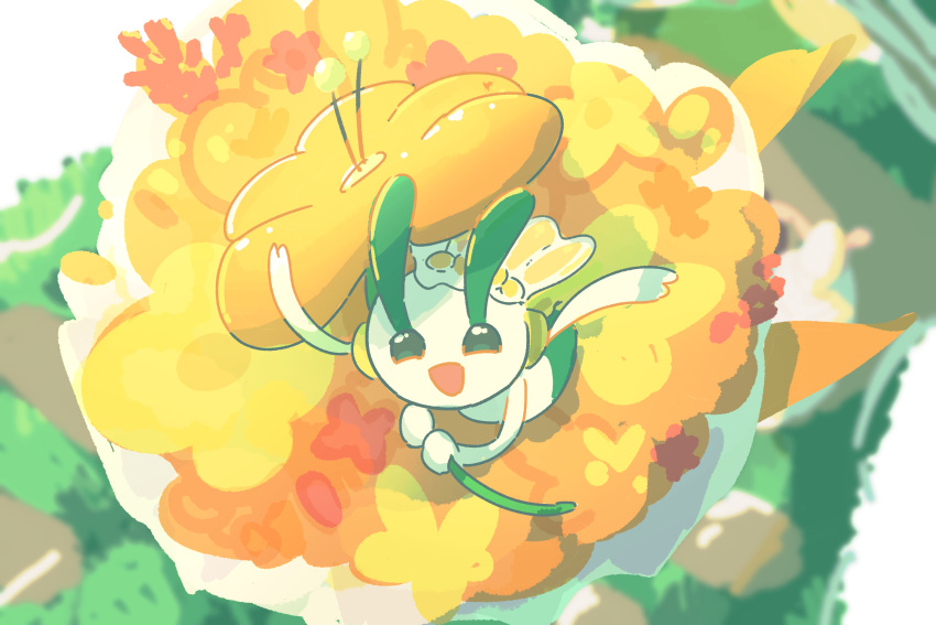 1girl, :d, antennae, black_eyes, bouquet, colored_skin, draw_pann33, floating