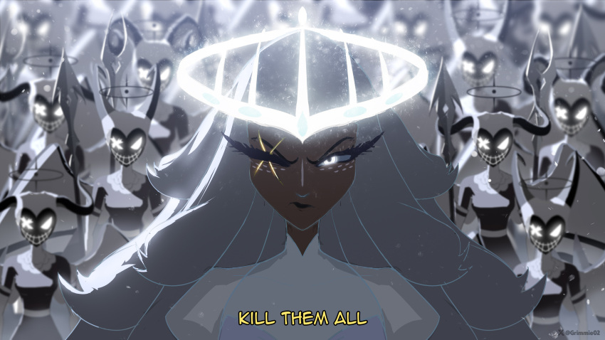 6+girls, absurdres, angel, colored_sclera, dark-skinned_female, dark_skin, dress, glowing