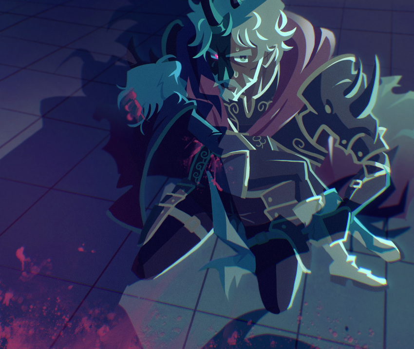 1boy, 1girl, alt_text, armor, beard, blood, cape, commentary