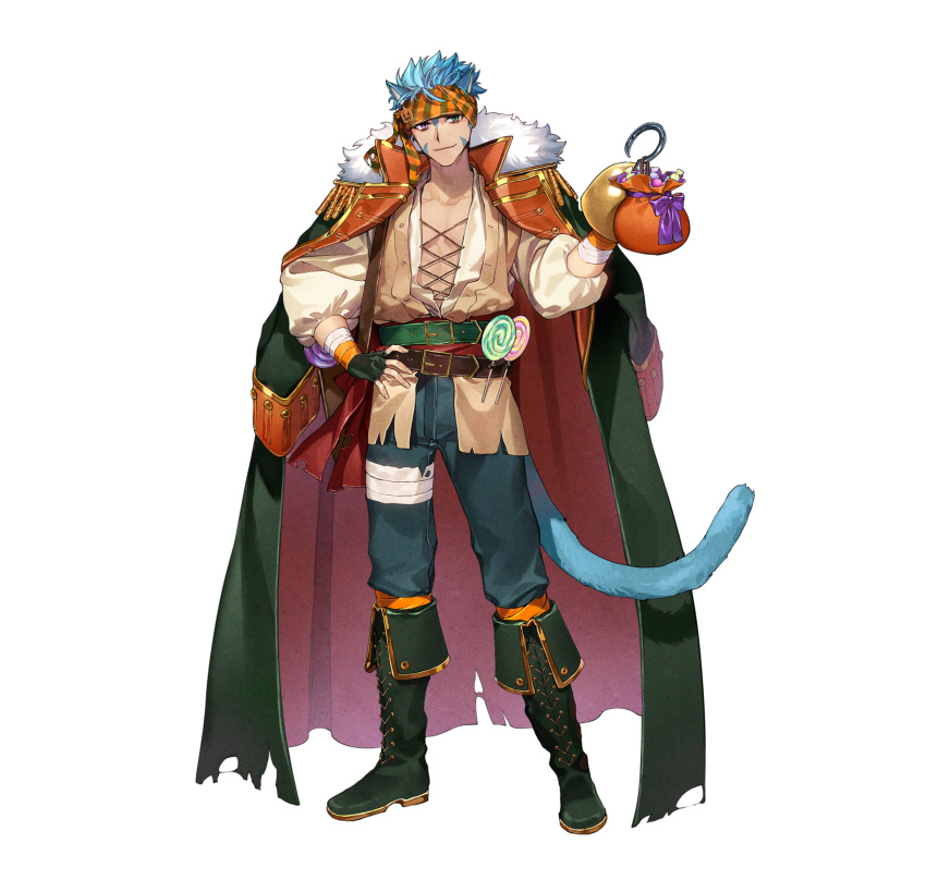1boy, absurdres, animal_ears, bandana, blue_hair, boots, candy, cat_boy, cat_ears, coat, coat_on_shoulders, commentary, cross-laced_clothes, cross-laced_top, english_commentary, fire_emblem, fire_emblem:_radiant_dawn, fire_emblem_heroes, food, full_body, green_eyes, heterochromia, highres, hook_hand, lollipop, male_focus, pirate_costume, ranulf_(considerate_gaze)_(fire_emblem), ranulf_(fire_emblem), second-party_source, short_hair, simple_background, solo, standing, swirl_lollipop, tail, violet_eyes, white_background