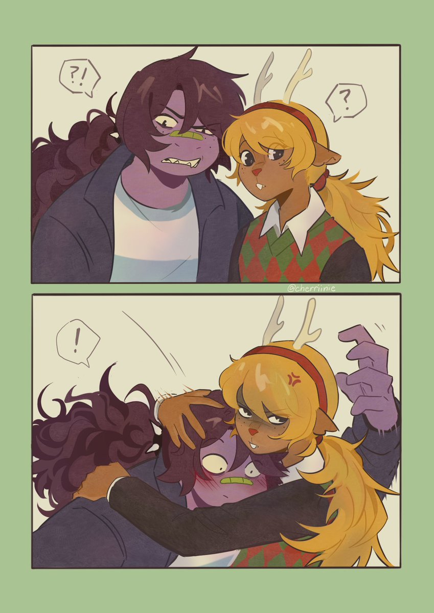 !?, 2girls, anger_vein, antlers, bandaid, bandaid_on_face, bandaid_on_nose, black_eyes