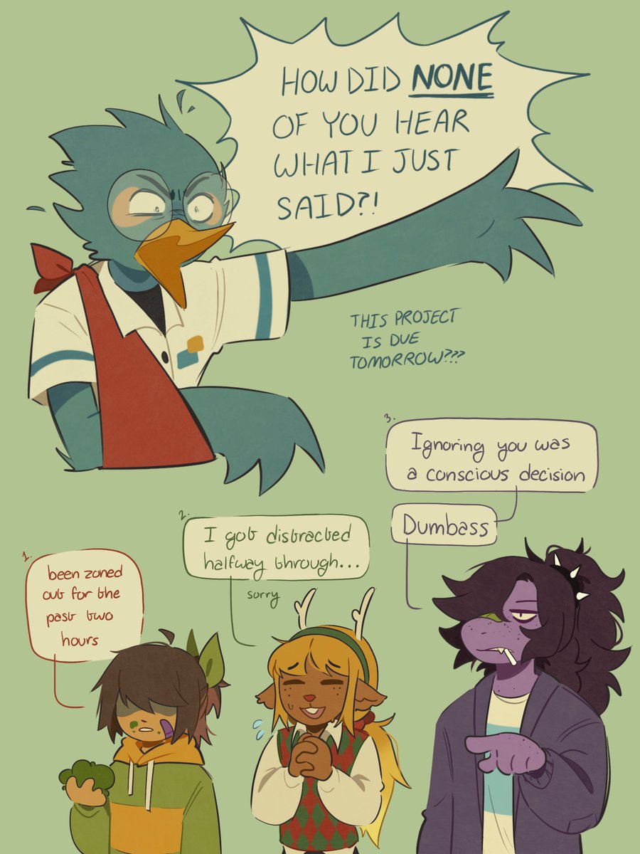 1boy, 1other, 2girls, arm_sling, bandaid, bandaid_on_face, beak, berdly_(deltarune)