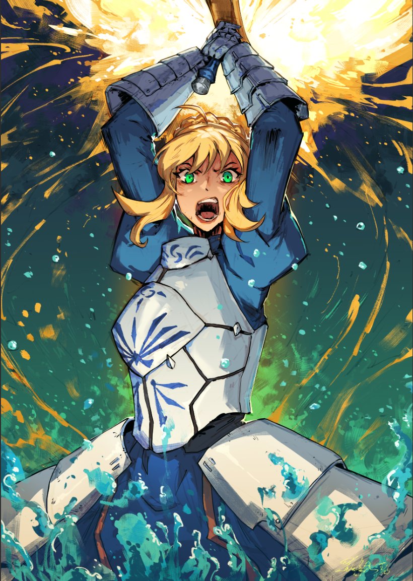 1girl, ahoge, armor, armored_dress, arms_up, artoria_pendragon_(fate), blonde_hair, blue_dress