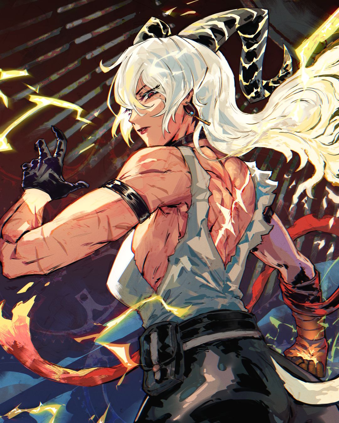 1girl, armband, belt_pouch, black_armband, black_horns, closed_mouth, curled_horns, electricity