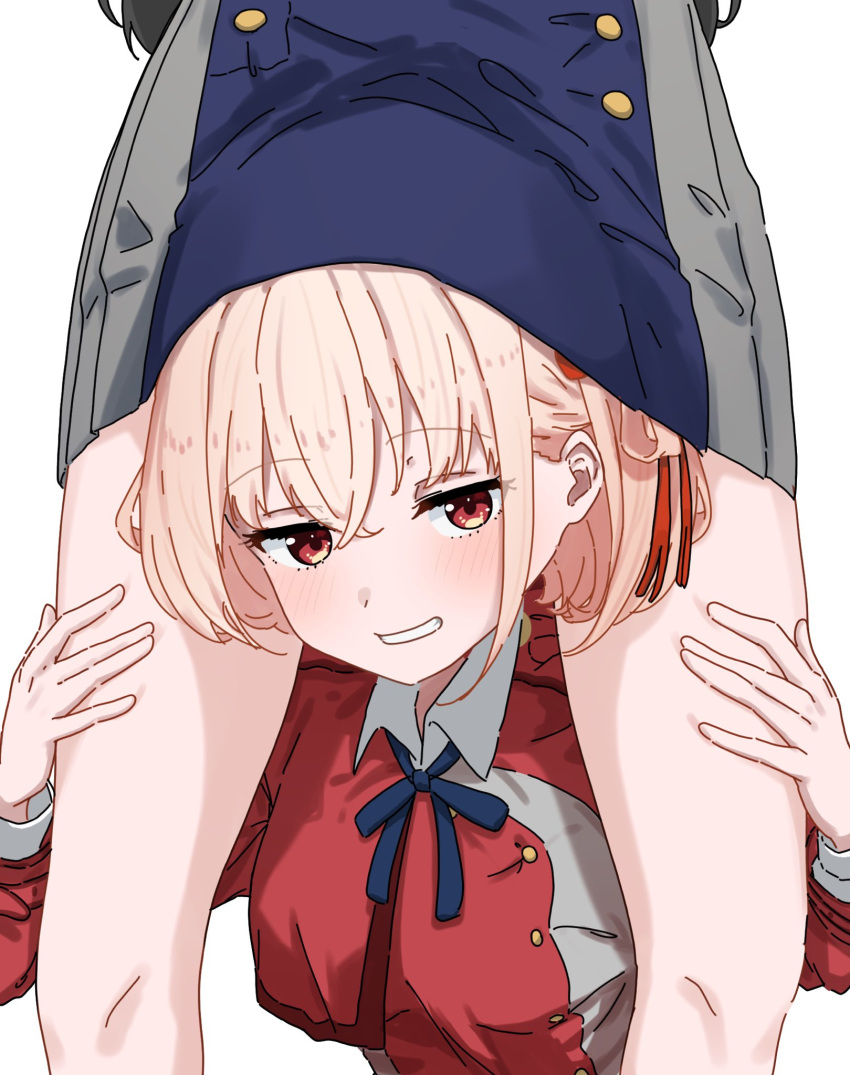 2girls, blonde_hair, blue_dress, blue_ribbon, blush, buttons, commentary_request, crossed_bangs