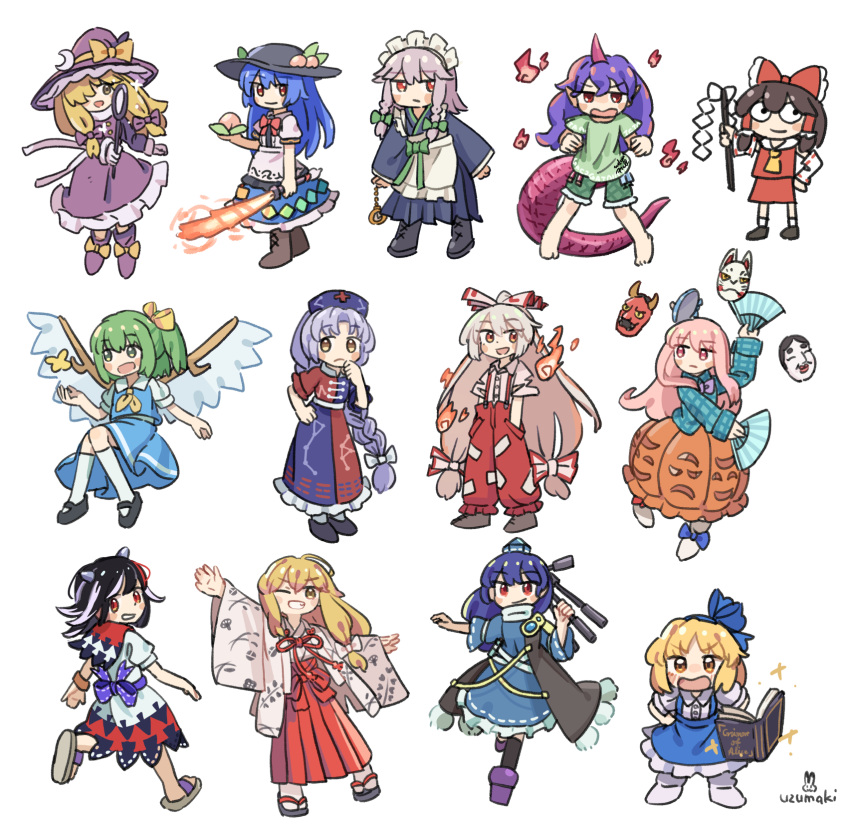 6+girls, alice_margatroid, alice_margatroid_(pc-98), alternate_costume, apron, ascot, barefoot, black_boots, black_cape, black_hair, black_shoes, blue_hair, blue_kimono, blue_skirt, book, boots, bow, bowl, bowl_hat, braid, braided_ponytail, brown_boots, brown_hair, bug, butterfly, cape, capelet, collared_shirt, constellation_print, crescent, crescent_hat_ornament, daiyousei, dress, fairy_wings, fire, flaming_sword, flaming_weapon, food, frilled_skirt, frills, fruit, fujiwara_no_mokou, gohei, green_bow, green_eyes, green_hair, green_shirt, green_shorts, grey_hair, hair_bow, hair_over_one_eye, hair_tubes, hakurei_reimu, hat, hat_ornament, hata_no_kokoro, highres, hinanawi_tenshi, hitodama, holding, holding_food, holding_fruit, holding_gohei, holding_mirror, holding_sword, holding_weapon, horns, iizunamaru_megumu, izayoi_sakuya, japanese_clothes, kijin_seija, kimono, kirisame_marisa, kirisame_marisa_(pc-98), maid_apron, mask, miko, mirror, multiple_girls, one_eye_closed, open_clothes, open_kimono, orange_skirt, pants, peach, pink_eyes, pink_hair, plaid_clothes, plaid_shirt, pom_pom_(clothes), ponytail, purple_dress, purple_hair, purple_sandals, purple_shoes, red_bow, red_eyes, red_pants, red_suspenders, sandals, shirt, shoes, short_sleeves, shorts, single_horn, skirt, skirt_cutout, sword, tail, tenkajin_chiyari, tokin_hat, touhou, touhou_(pc-98), uzumaki_osushi, waist_bow, weapon, white_hair, white_kimono, white_streaks, wings, witch_hat, yagokoro_eirin, yellow_ascot, yellow_eyes