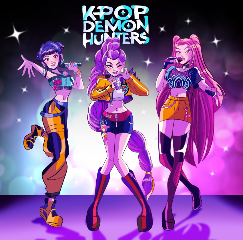 3boys, black_hair, blush, boots, braid, braided_ponytail, choker, commentary, copyright_name, crop_top, cropped_jacket, eyeshadow, full_body, halterneck, highres, holding, holding_microphone, klaudia96art, kpop_demon_hunters, long_hair, makeup, microphone, mira_(kpop_demon_hunters), multiple_boys, navel, one_eye_closed, pink_hair, pink_lips, purple_hair, rumi_(kpop_demon_hunters), skirt, sparkle, thigh_boots, twintails, yellow_skirt, zoey_(kpop_demon_hunters)