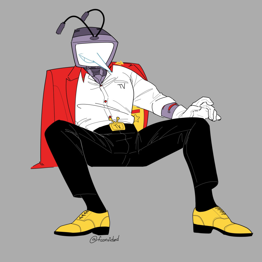 1boy, ant_tenna, belt_buckle, black_pants, buckle, clothed_robot, collared_shirt, commentary