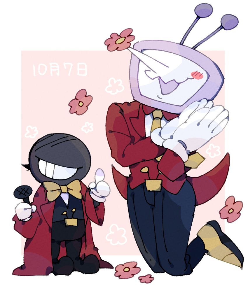 2525nicc, 2boys, ant_tenna, belt_buckle, black_pants, blush_stickers, bow, bowtie
