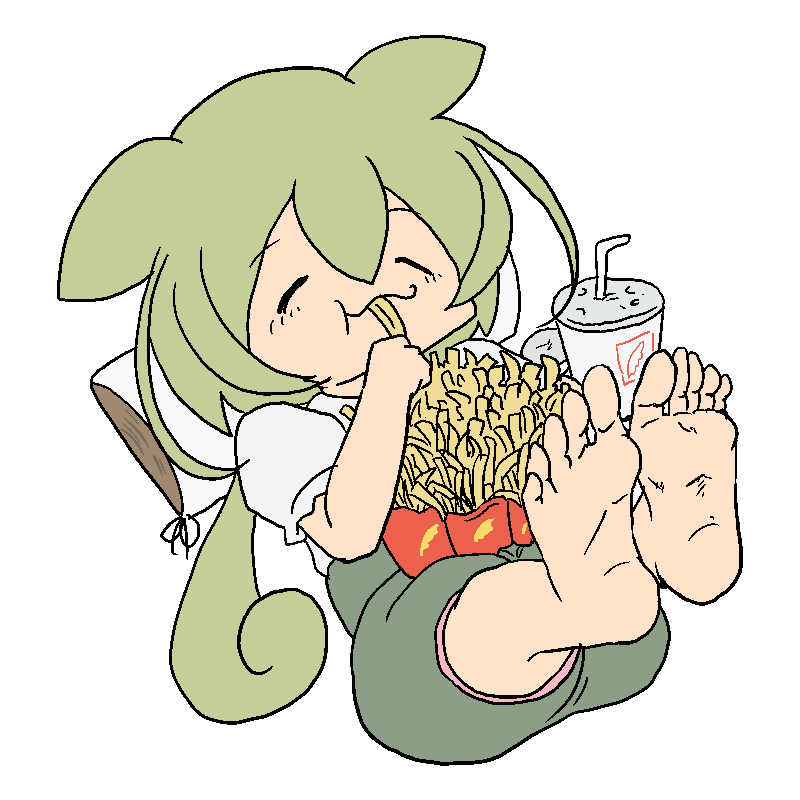 1girl, :t, barefoot, closed_eyes, closed_mouth, commentary_request, cup, disposable_cup