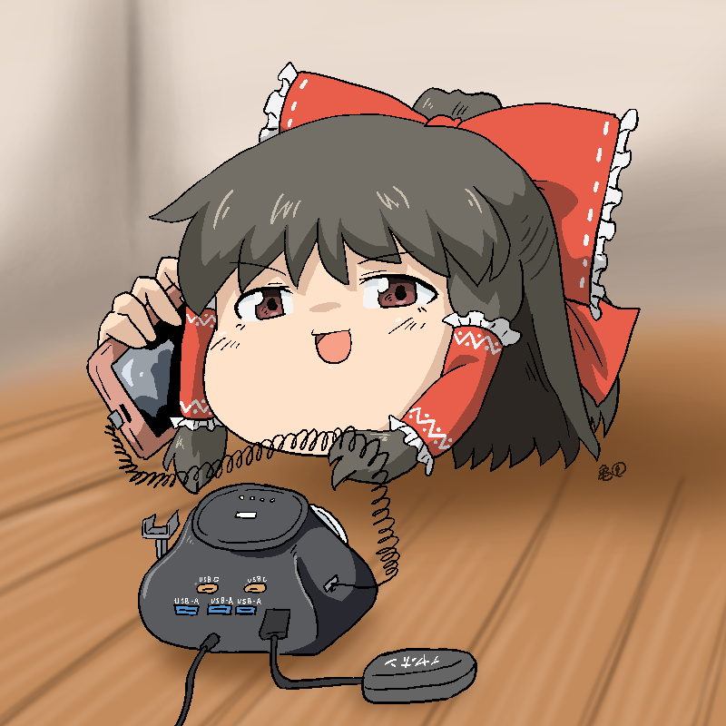 1girl, :d, black_hair, bow, brown_eyes, cellphone, commentary_request, hair_bow